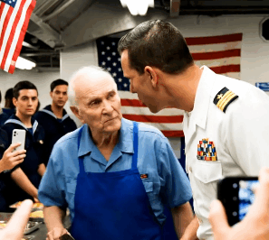 He Was 82, Flipping Burgers for Young Sailors Who Laughed at Him. They Stopped Laughing When the Captain Snapped a Salute and Called Him by His Legendary Code Name.
